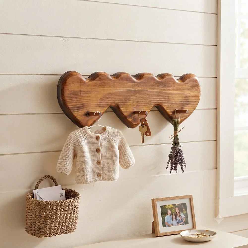 Vintage Wooden Triple Heart Wall Rack 3 Peg Hook Brown Rustic Nursery Entryway